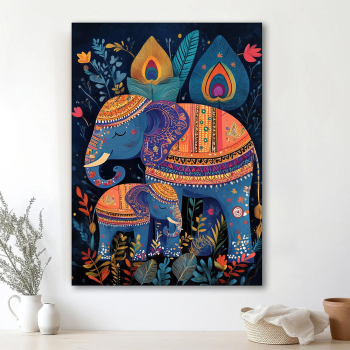 Gond Art of Elephants and Botanical in Multicolor | Digital Painting On Canvas Stretched on Wood (16x22 Inch)