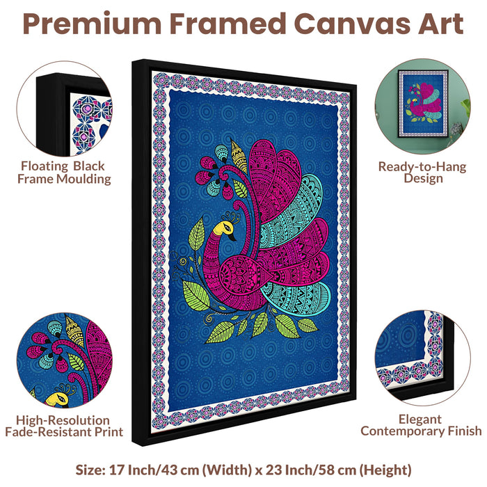 Gond Peacock Framed Canvas Painting for Living Room Wall Decor, Vastu Kalamkari Peacock Floral Framed Canvas Wall Art for Vastu Place Bedroom Home Hallways Office Hotel, Size 43x58 cm