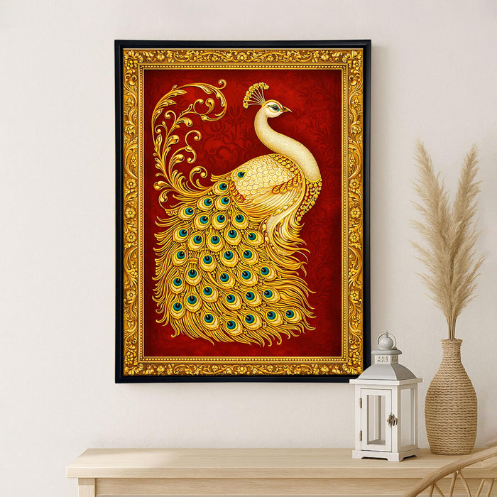 Tanjore Golden Peacock Framed Canvas Painting for Living Room Wall Decor, Holy Peacock Vastu Framed Canvas Wall Art for Vastu Place Bedroom Home Hallways Office Hotel, Size 43x58 cm