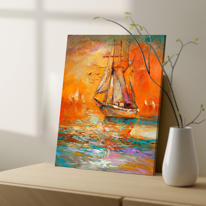Art Street Stretched On Frame Canvas Painting Boats and Ocean in Red Seascape Art For Living Room, Decorative Home & Wall Décor Abstract Art (Size: 16x22 Inch)