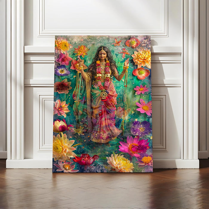 Large Stretched Canvas Painting, Panel Wall Art Print Indian Goddess Framed Luxury Paintings for Home Décor (Light Green, 22x34 Inch)