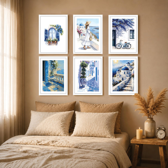 Mediterranean Village Scenery Wall Art Painting for Living Room, Blue & White Coastal Aesthetic Wooden Framed Wall Art Print for Bedroom, Office & Home Decor (Set of 6, 13x9 inch)