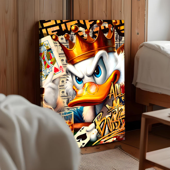 Luxury Pop Art Duck King Wall Painting | Casino Royal Graffiti Art Stretched Canvas Print | Modern Money, Poker & Crown Theme Wall Décor, 56x86 cm
