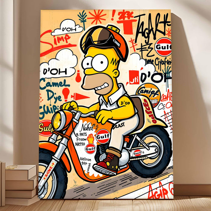 Cartoon Biker Graffiti Stretched Canvas Painting Print | Street Pop Art Wall Décor | Modern Motorcycle Illustration for Home & Office, 56x86 cm