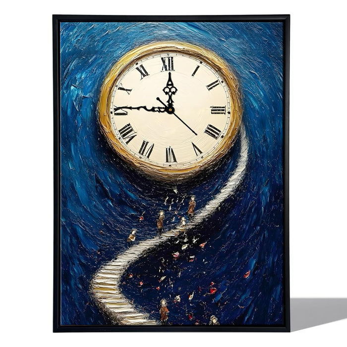 Portrait Abstract moon ladder Dreamlike Multicolor Framed Canvas wall art With Clock | Painting with clock, 43x58 cm