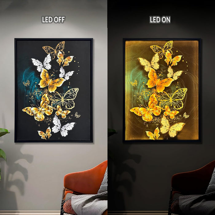 Framed Canvas Art Print with LED Light Decorative Canvas Wall Art Wall Decor Painting Digital Butterflies 43x58 cm