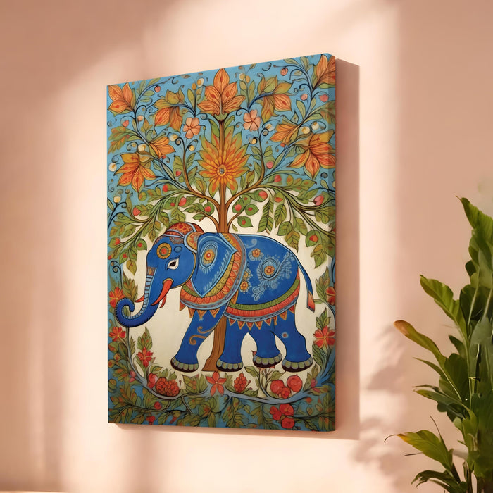 Madhubani Elephant Stretched Canvas Painting For Living Room | Indian Folk Animal Stretched Canvas Wall Art For Livingroom Home Decor, Bedroom, Hallway's, Office, Hotel - 56x86 cm