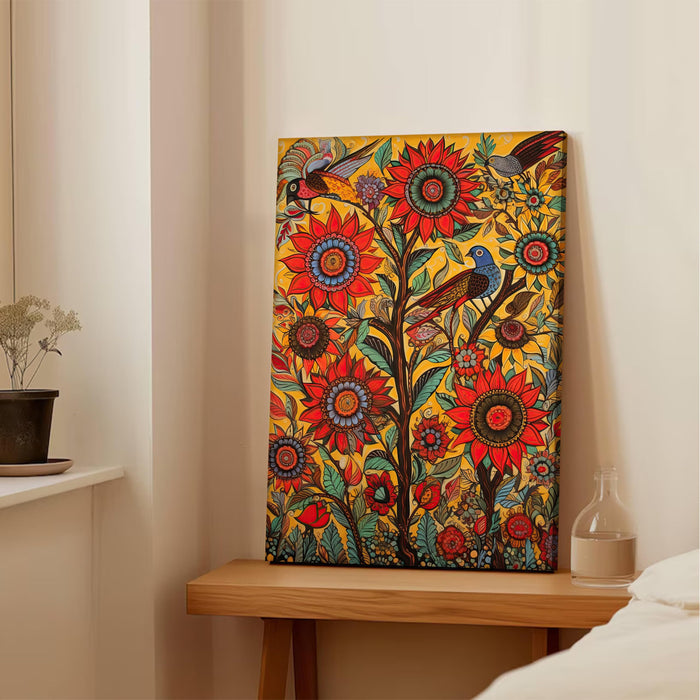 Portrait Stretched Canvas Lotus Floral Indian Classic Madhubani Wall Art Print Décor Printed on Canvas Stretched on Wood 41x56 cm