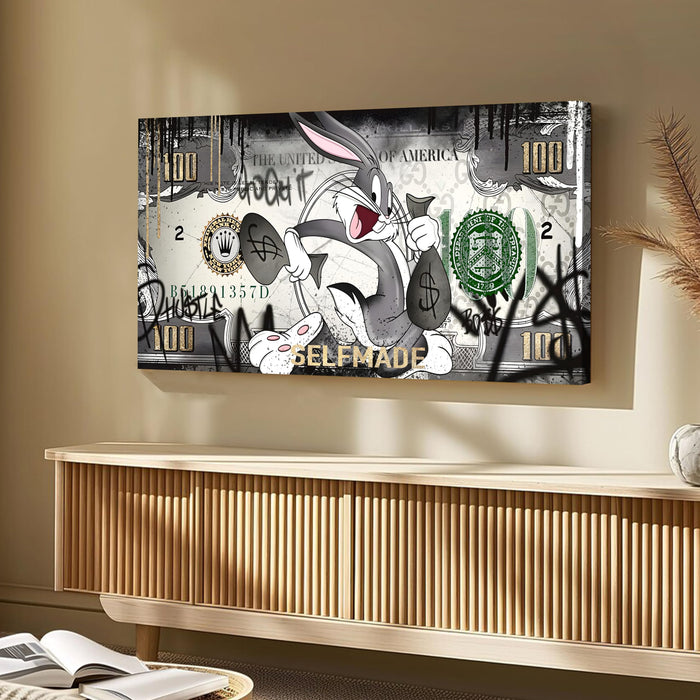 Self-Made Money Graffiti Stretched Canvas Wall Art | Luxury Dollar Theme Pop Art Modern Wall Painting for Living Room, Office & Studio Décor, 22x46 Inch