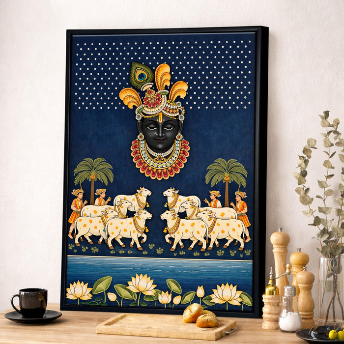 Krishna Pichwai Framed Canvas Painting for Living Room Wall Decor, Religious Krishna Cow and Lotus Framed Canvas Wall Art for Home Temple Vastu Place Size 43x58 cm