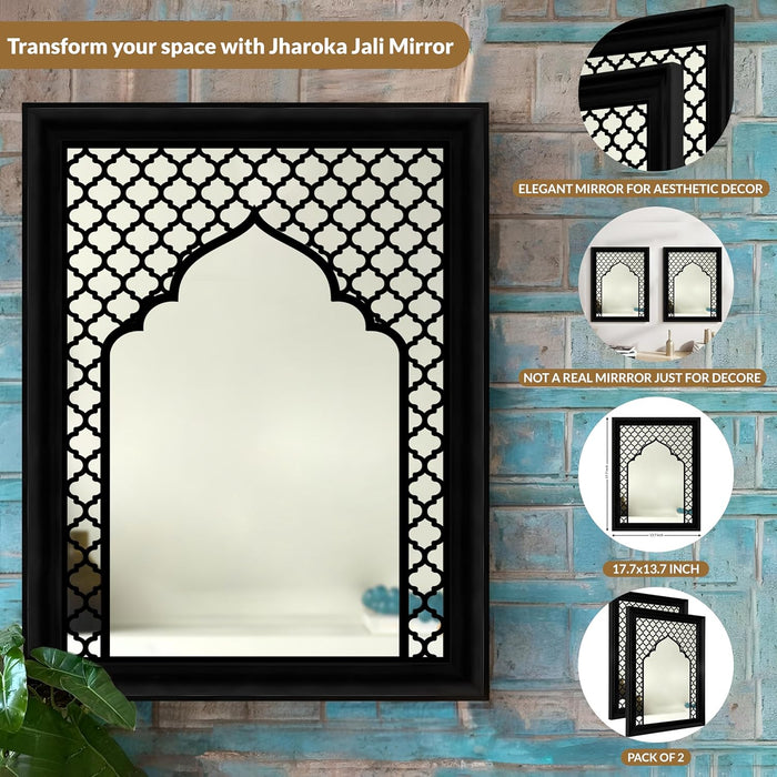 Decorative Acrylic Mirrors with Mughal Design MDF Jali Set of 2 | Two Black Jharokha Wooden Wall Mirror Panel (18x14 Inch)