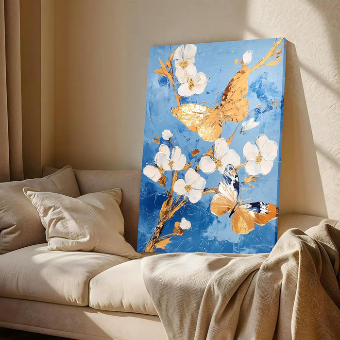 Portrait Abstract Canvas Wall Art painting Flower and Flying Butterfly Multicolor | Digital Painting on Canvas Stretched on Wood (22x34 Inch)