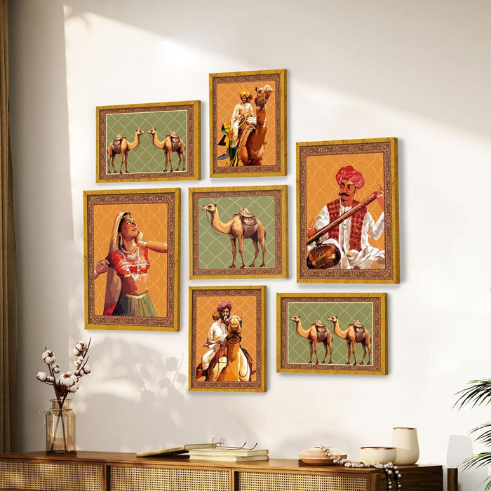 Art Street Set of 8 Indian Folk Wall Art Royal Prince with Queen Palace Painting For Home (Size: 9.3x12.7 & 12.7x17.5 Inch)