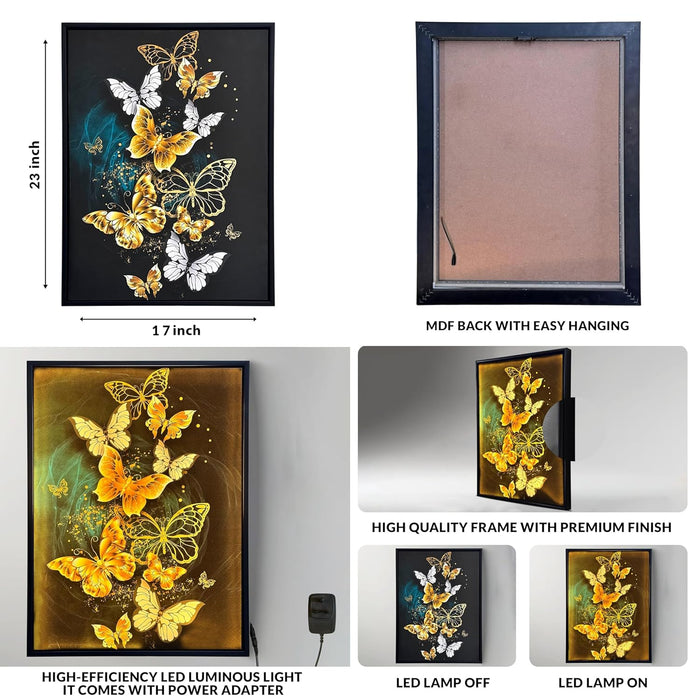 Framed Canvas Art Print with LED Light Decorative Canvas Wall Art Wall Decor Painting Digital Butterflies 43x58 cm