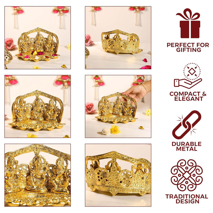 Lakshmi Ganesh Saraswati Metal Idols with 5 Diya Oil Lamp Base Traditional Brass Finished Metal Idol Set, Diwali Decoration, Temple, Brass Finished 24x14 cm
