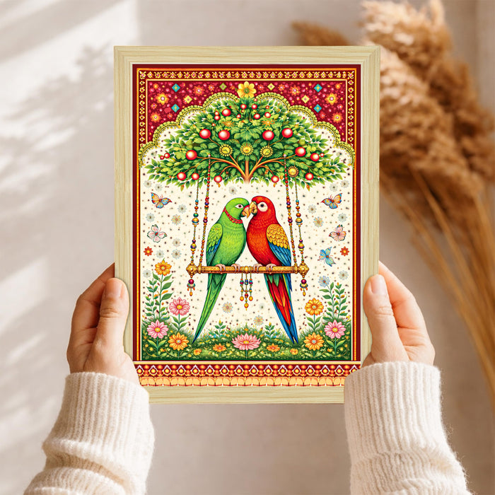 Indian Madhubani Painting With Frame for living room, Folk Style Garden Framed Wall Art Painting for Home Decor Set of 6, Size 9.5 by 12.5 Inch