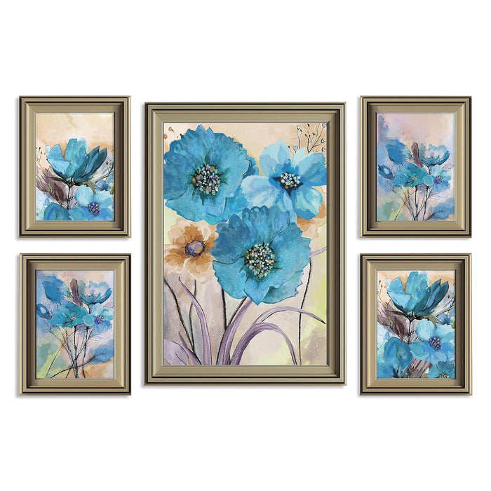 Art Street Blue Lily Floral Framed Art Print For Living Room, Decorative Home & Wall Decor - Set Of 5 (Silver, 4 Pcs-5x7 Inch, & 12x16 Inch)