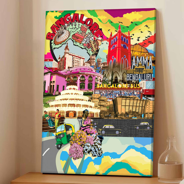 Bangalore Landmarks Collage Mixed Media Canvas Wall Painting | Travel pop art Canvas Wall Painting For Home and Office Wall Décor (41x56 cm)