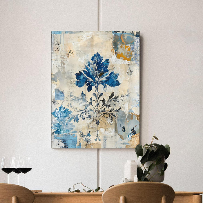 Abstract Watercolor Floral Art in Blue, Beige, and Orange | Digital Painting On Canvas Stretched on Wood (16x22 Inch)