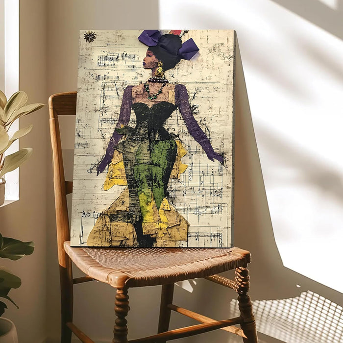 Abstract Painting of African Girl with Music Notes Theme in Multicolor | Digital Painting On Canvas Stretched on Wood (16x22 Inch)