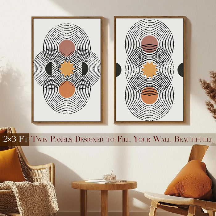 Boho Geometric Round Abstract Canvas Wall Painting Bohemian Large Wall Art Painting for Living Room Decoration, Stylish Large Wall Art Print for Wall Decor (Set of 2, 58x89 cm)