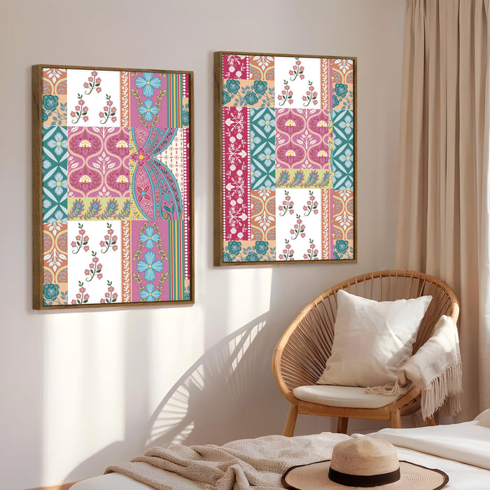 Mughal Flower Pattern Canvas Painting Indian Large Wall Art Painting for Living Room Decoration, Stylish Large Wall Art Print for Wall Decor (Set of 2, 58x89 cm)
