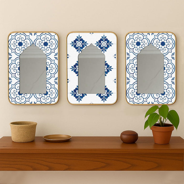 Decorative Jharokha Acrylic Mirror Set of 3 Blue Abstract Floral Pattern Printed Gold Metal Finish Décor Mirror (8.2x12.2 Inches)