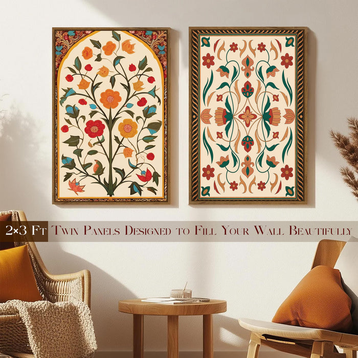 Mughal Floral Motifs Canvas Indian Large Wall Art Painting for Living Room Decoration, Stylish Large Wall Art Print for Wall Decor (Set of 2, 58x89 cm)
