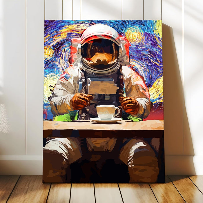 Art Street Stretched Canvas Painting Astronaut with Coffee Starry Night Graffiti Wall Art for Home Decor, Living Room, Office Size (16x22 inch)