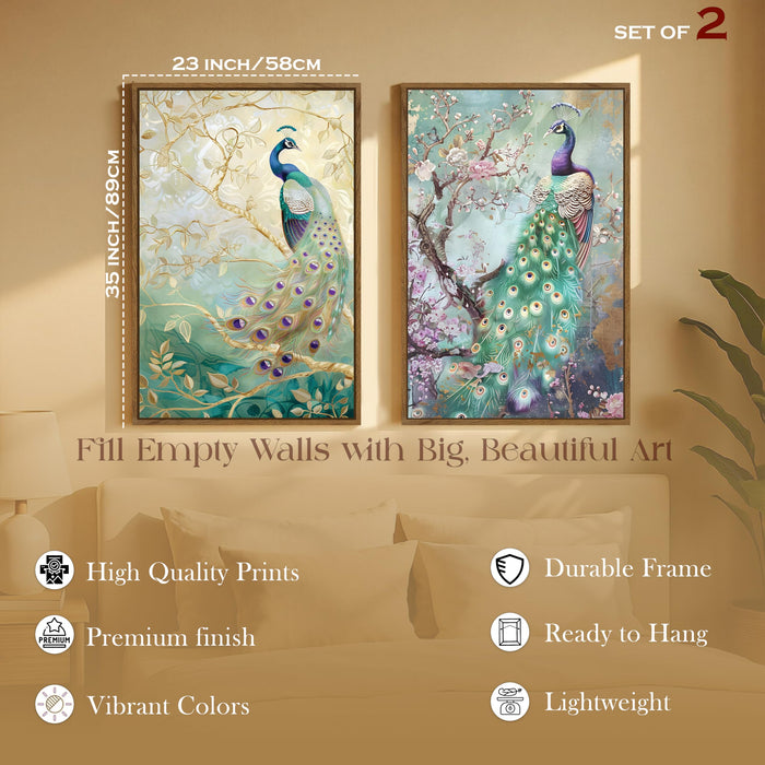 Peacock Canvas Painting for Wall Vastu Canvas Large Wall Art Painting for Living Room Decoration, Stylish Large Wall Art Print for Wall Decor (Set of 2, 58x89 cm)