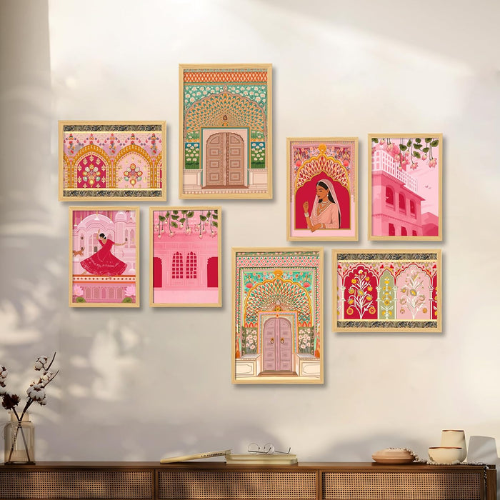 Womens indian Architecture Indian Folk Art Wall Art Print Paintings, Set of 8 | Digital Framed Painting | 30x42, 21x30 cm