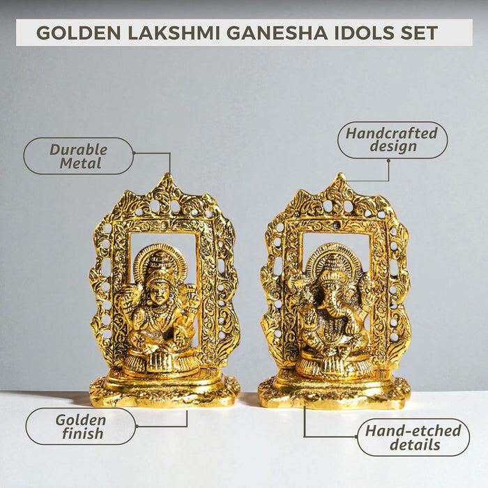 Antique Metal Lakshmi and Ganesha Brass Finished Idol Set for Pooja Room, Deepawali Decoration for Home, Lakshmi Ganesh Idol for Diwali, Brass Finished Idols for Home Décor 8.9x13.7 cm