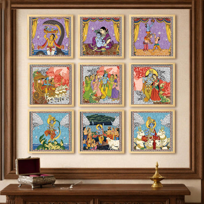 Krishna Wall Sculpture Paintings for Home decoration | Pichwai Madhubani Wall painting for living room | Krishna Leela Wall Décor | Wall art | Home Décor Gift Items | Set of 9, (9x9 Inch)