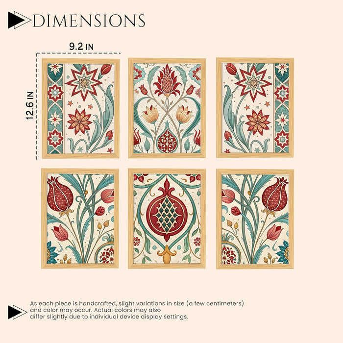 Framed Art Print Set of 6 Floral Turkish and Islamic Wall Art Prints Indian and Madhubani Inspired Prints 23x32 cm