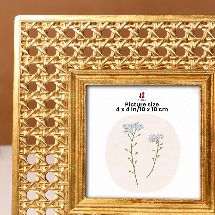 Vintage 4x4 Inch Photo Frame Golden Square – European Style Resin Picture Frame with Filigree Jali Design, Tabletop Display, Antique Look, 10x10 cm