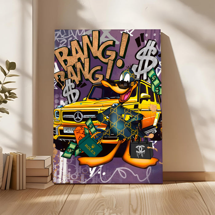 Luxury Street Pop Art Duck Wall Painting | Money & Success Graffiti Style Stretched Canvas Art Print| Modern Wall Décor for Home & Office, 56x86 cm