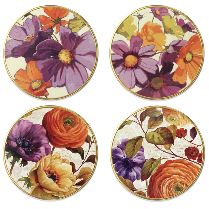 Purple & Orange Flowers Round Wall Art Painting for Living Room Decoration, Circular Gold Metal Finish Stylish Large Wall Art Print (12x12 Inches)