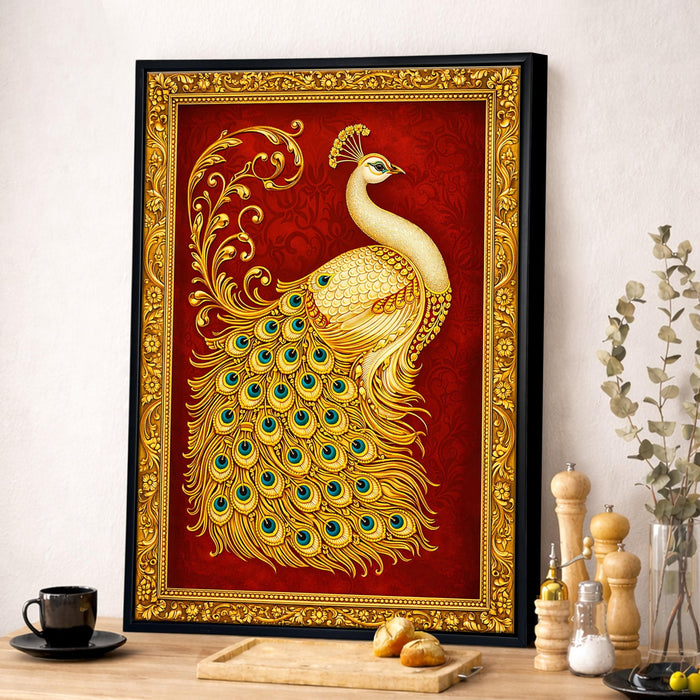 Tanjore Golden Peacock Framed Canvas Painting for Living Room Wall Decor, Holy Peacock Vastu Framed Canvas Wall Art for Vastu Place Bedroom Home Hallways Office Hotel, Size 43x58 cm