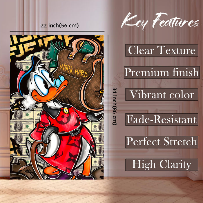 Luxury Cartoon Duck Money Pop Art Stretched Canvas Painting Print | Work Hard Success Theme Graffiti Wall Art | Modern Street Style Artwork for Home & Office, 56x86 cm