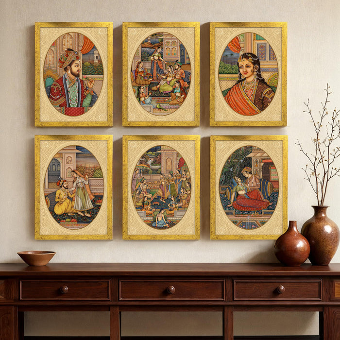 Mughal Miniature Painting With Frame for living room, Rajasthani Emperor Framed Wall Art Painting for Home Decor Set of 6, Size 9.5 by 12.5 Inch