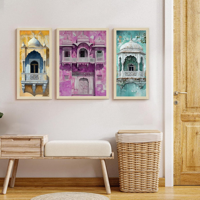 Botanicals Pichwai Framed Wall Art Painting Home Décor Pack Of 3 | Digital Scenery Painting with Frame, Set Of 3 22x46 cm, 33x44 cm