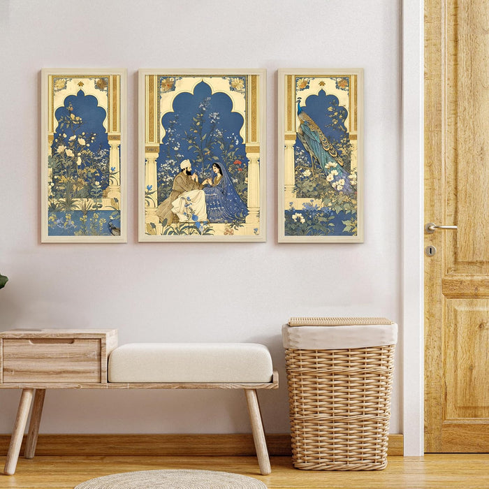 Botanicals Pichwai Framed Wall Art Painting Home Décor Pack Of 3 | Digital Scenery Painting with Frame, Set Of 3 22x46 cm, 33x44 cm