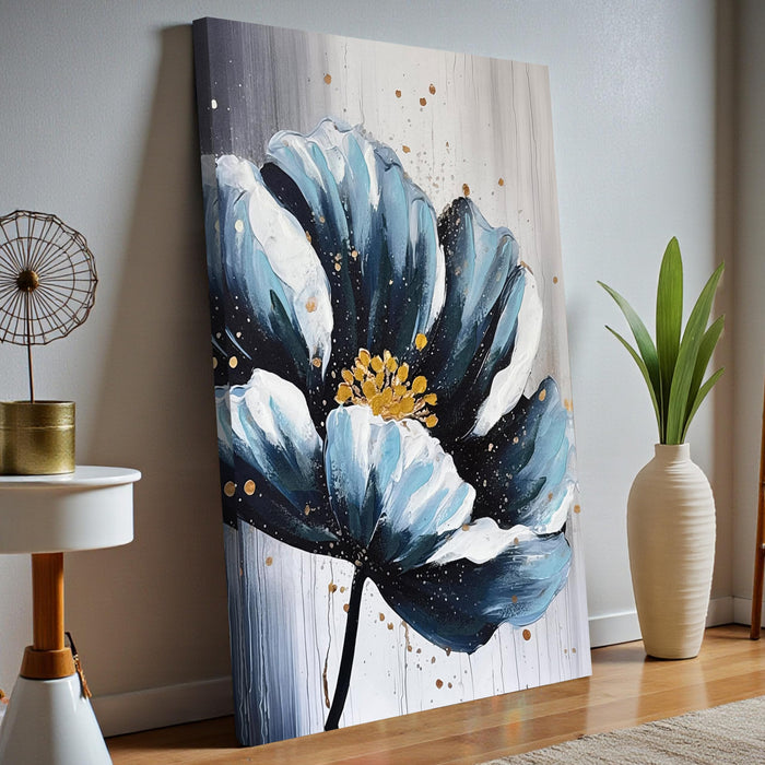 PAINTINGMANTRA Wall Art Abstract Flower Stretched Canvas Painting Blue and Gold Floral Painting Abstract Paintings for Bedroom Office Wall Décor Hand Painted Canvas Art 3D Textured Floral 61x91 cm