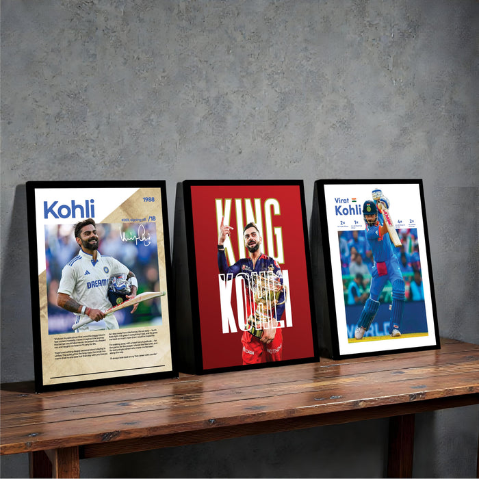 Virat Kohli Framed Wall Poster | Indian Cricket Legend Wall Art | Premium Sports Decor for Living Room, Bedroom & Office For Home Decor (13.9 Inch x 17.6 Inch, Set of 3)