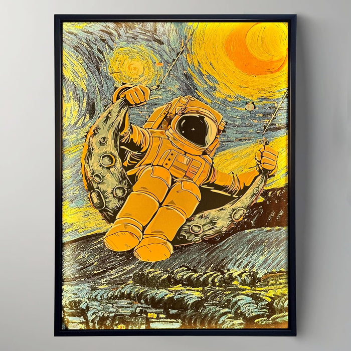 Framed Canvas Art Print with LED Light Canvas Wall Painting, Astronaut Post Impressionism Art Decorative Wall Decor 43x58 cm
