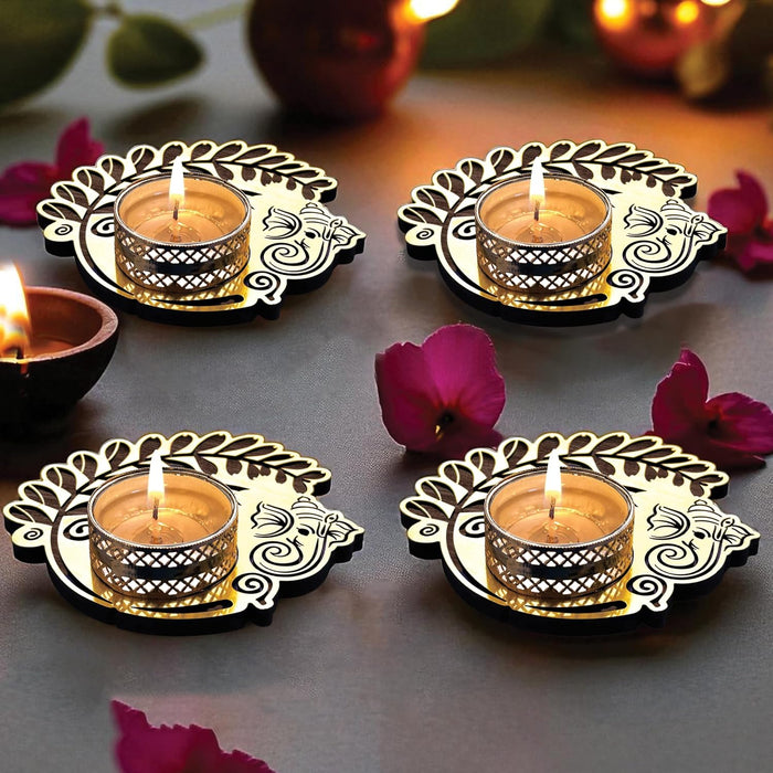 Decorative Diwali Tealight Diya Holders for Home Decoration, Dipawali Décor Items, Diwali Temple Decoration - MDF Wood Tea Light Candle Holder Deity Ganesha Motif Stand –11x11 cm