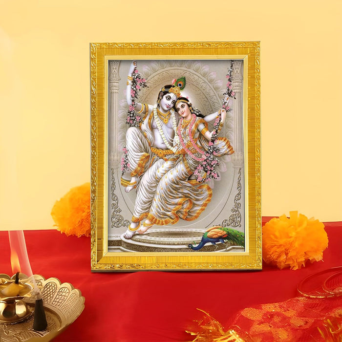 Divine Sri Radha and Krishna Religious Golden Photo Frame Stand able and Wall Hanging for Temple (13x18 cm)