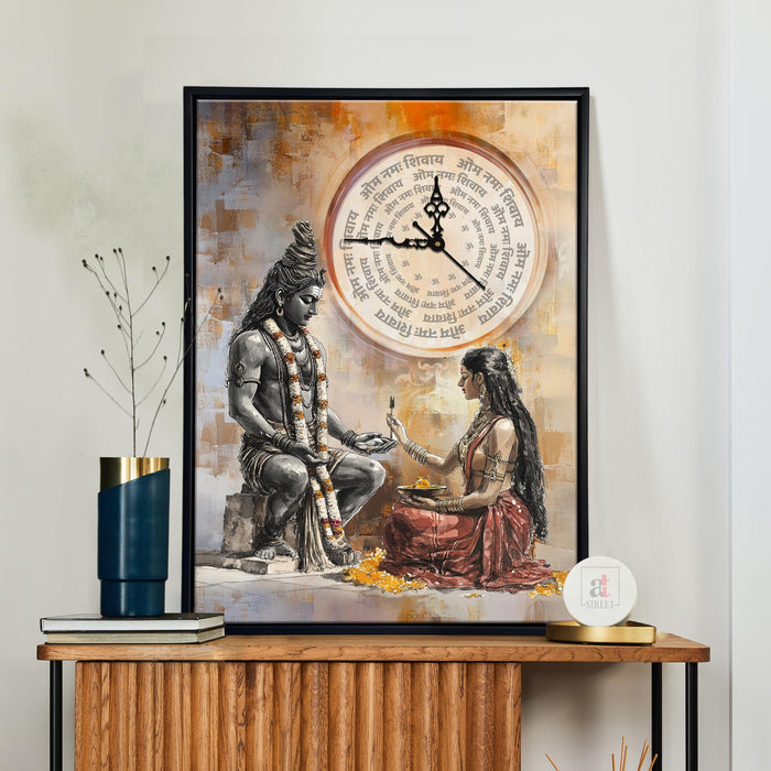Hindu Religious Portrait Abstract Divine Multicolor Framed Canvas wall art With Clock | Painting with clock. 43x58 cm