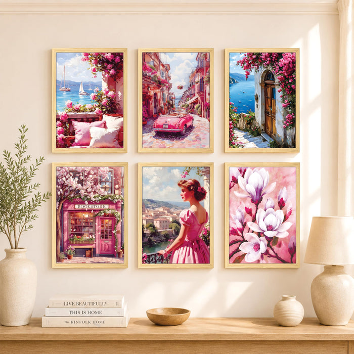 European Street Side Scenery Wall Art Painting for Living Room, Coquette Floral Aesthetic Wooden Framed Wall Art Print for Living Room, Bedroom & Office Decor (Set of 6, 13x9 inch)