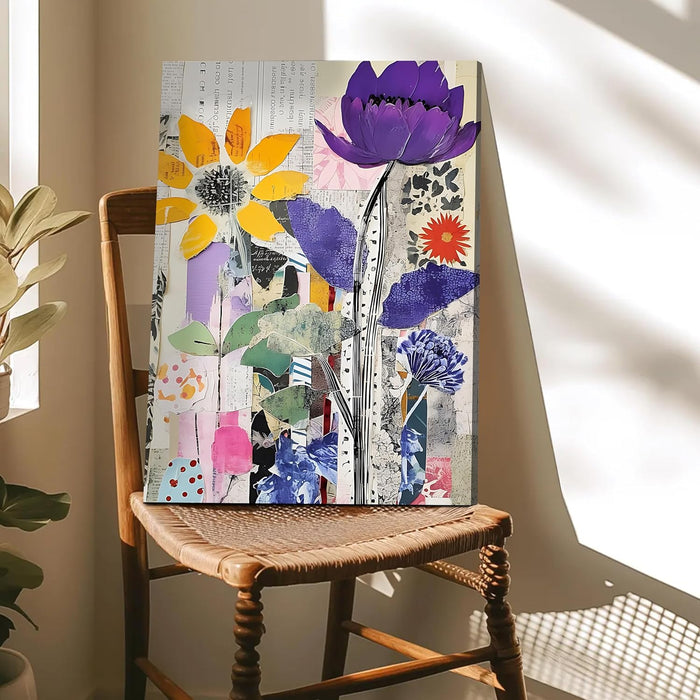 Abstract Collage Floral Art Newspaper Pattern in Multicolor | Digital Painting On Canvas Stretched on Wood (16x22 Inch)